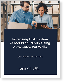 Increasing Distribution Center Productivity Using Automated Put Walls Increasing Distribution Center Productivity Using Automated Put Walls Whitepaper with man and woman in blue shirts looking at tablet.