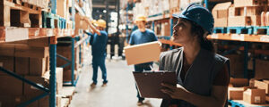 10 Things to Consider Before Implementation feature image with female warehouse worker in hardhat surrounded by cardboard boxes with workers to back