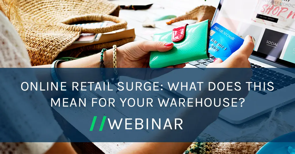 Online retail surge webinar with womans hand holding green purse and blue credit card